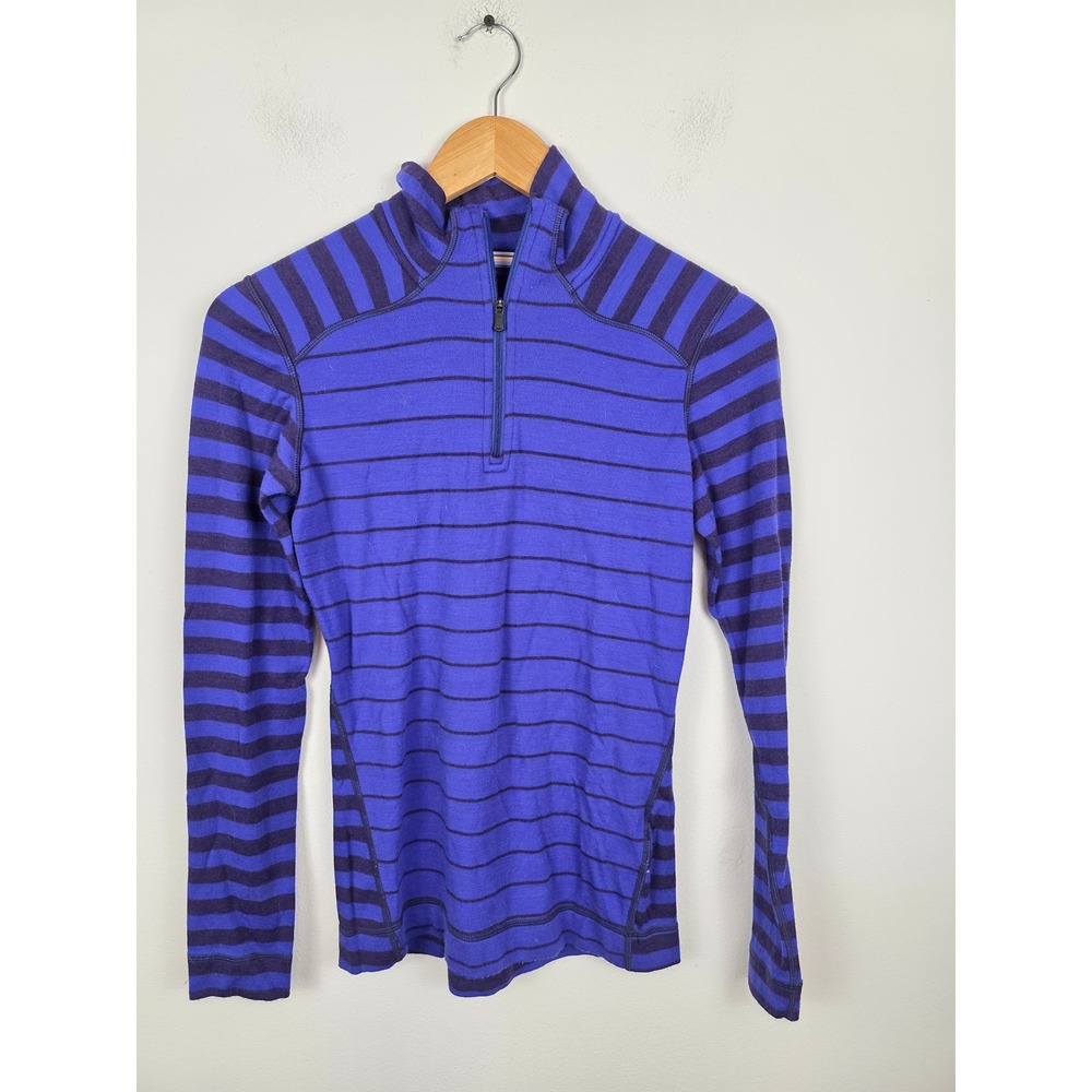 Smartwool Blue Purple Black Stripe 1/4 Zip Long Sleeve Merino Wool Base Layer
